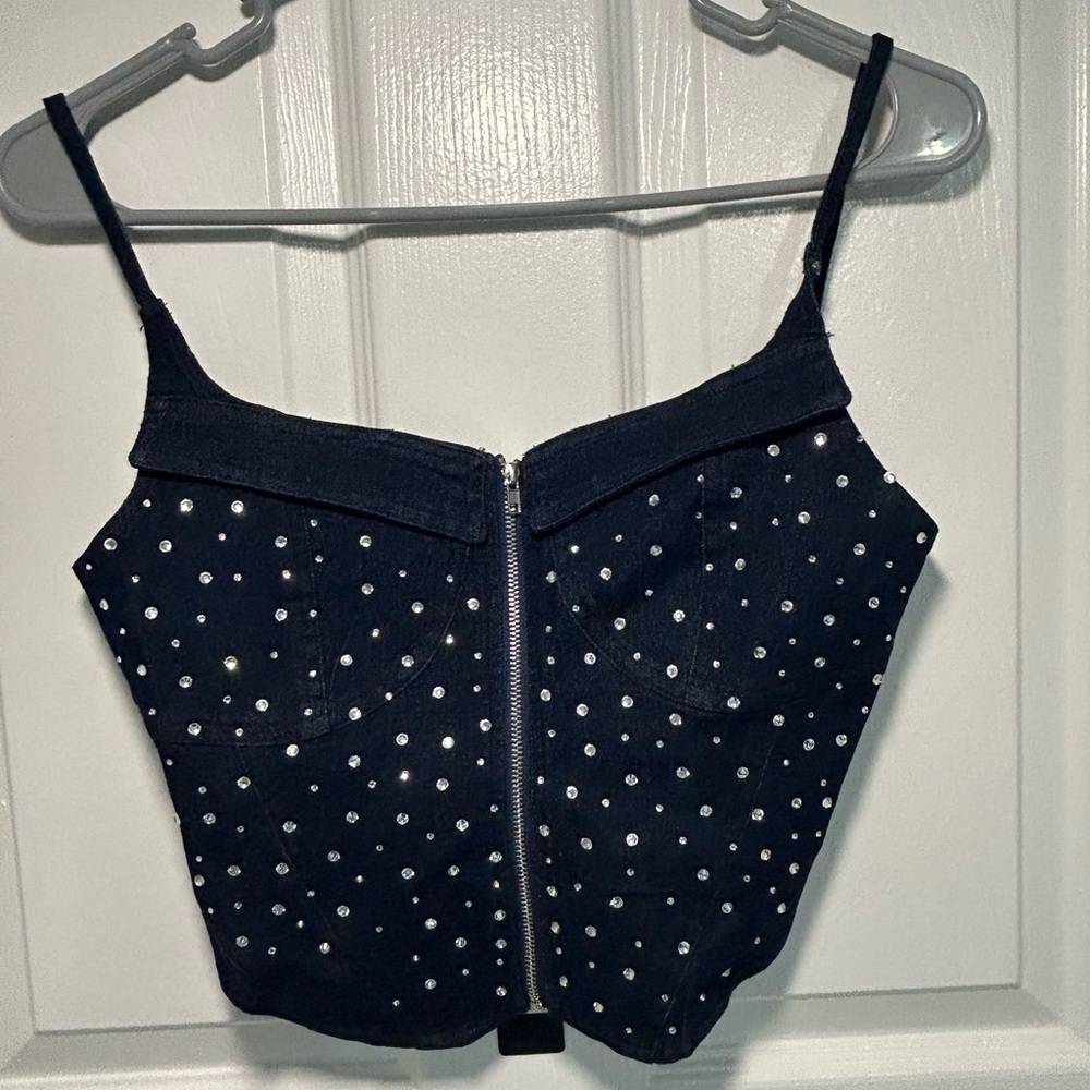 Fashion Nova Black Rhinestone Zip Front Crop Top